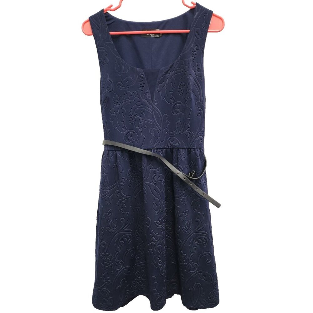 Guess Womens Fit & Flare Dress Size 12 Navy Floral Textured Sleeveless Preppy